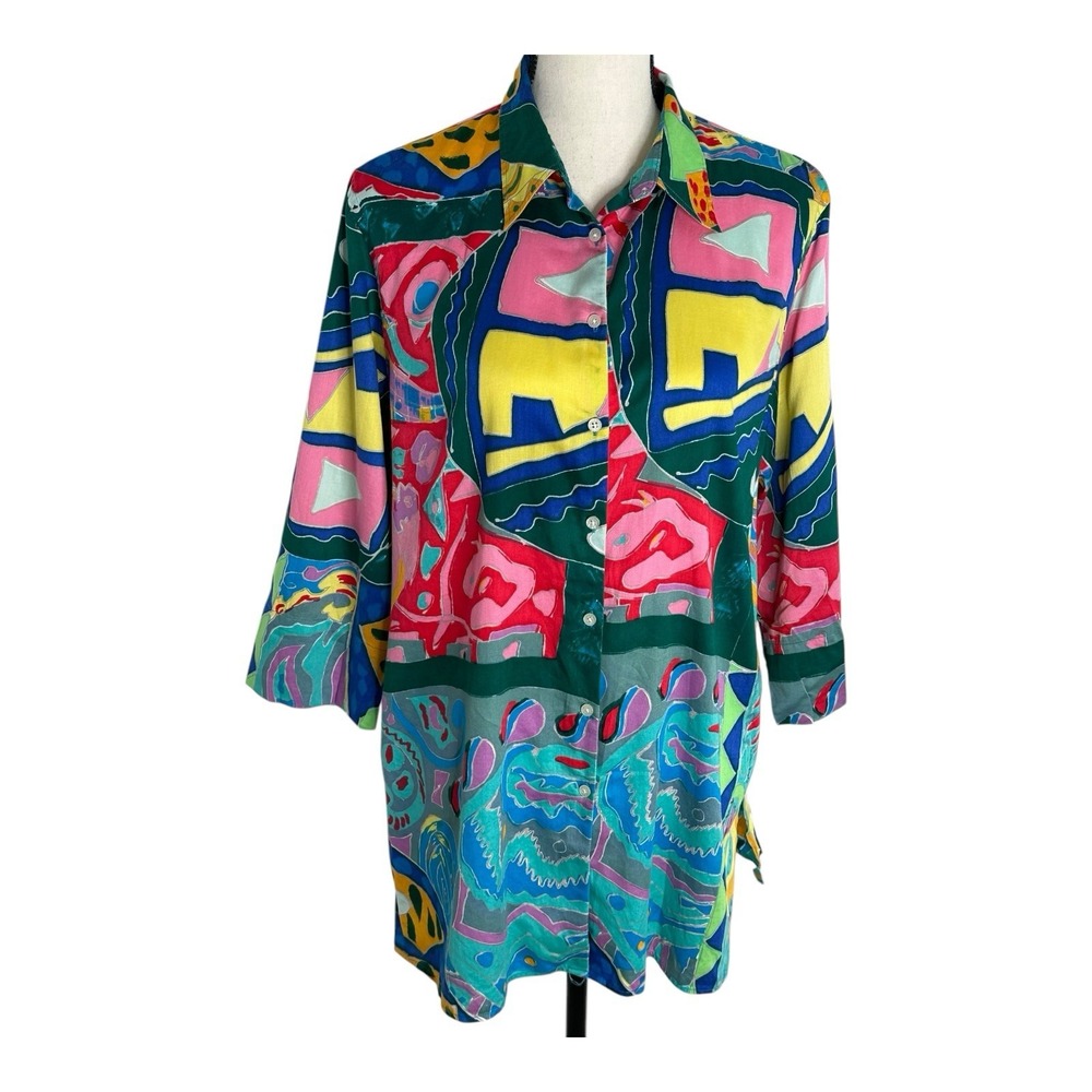 Lauren RALPH LAUREN Tunic Shirt Colorful Geometric 3/4 Sleeve Women's Size XL‎